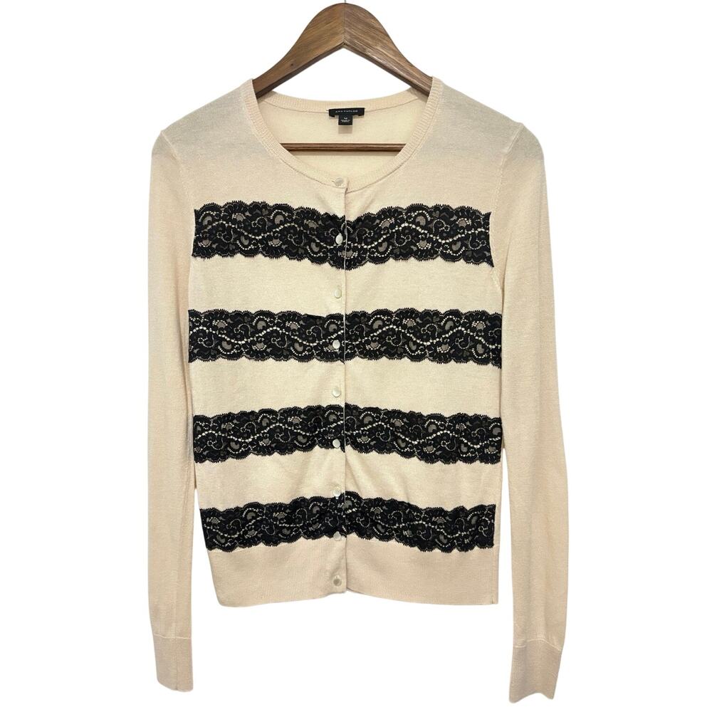 Ann Taylor Womens M Cream Black Lace Stripe Wool Blend Cardigan Sweater
